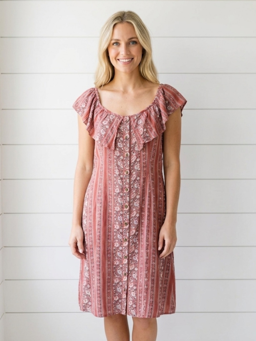 American Eagle Outfitters Pink Striped Floral Ruffle Midi Dress